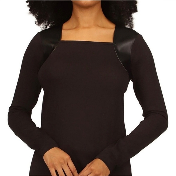 Michael Kors Black Square Neck Knit Jersey Top Size Small Faux Leather Office - Picture 1 of 15